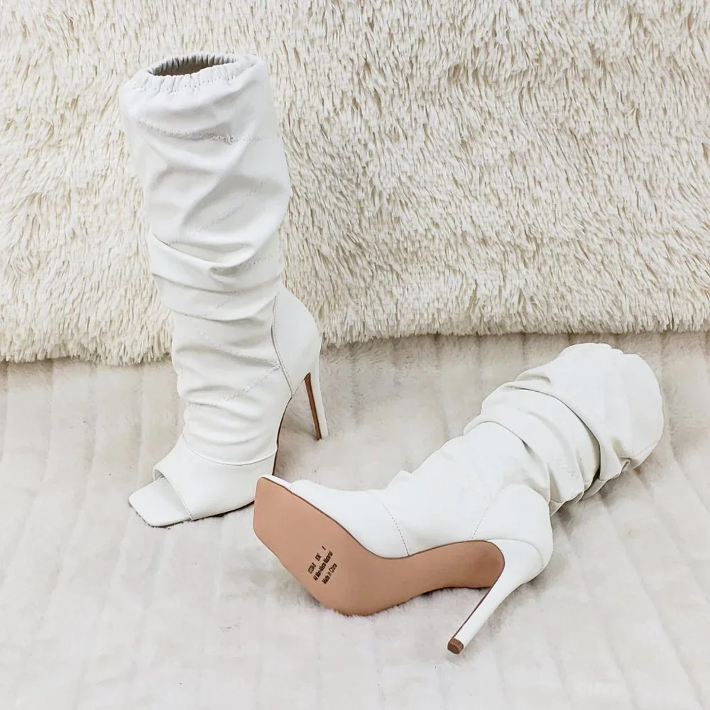 Restocked Bone White Square toe Scrunch Slouch Mid Calf Boots Vic_3